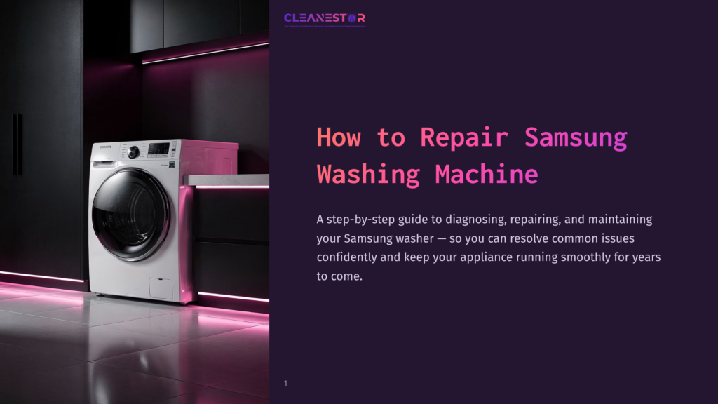 A Samsung Washing Machine Sits Against A Purple Wall, Illuminated By Pink Lighting, Showcasing A Modern And Sleek Design.