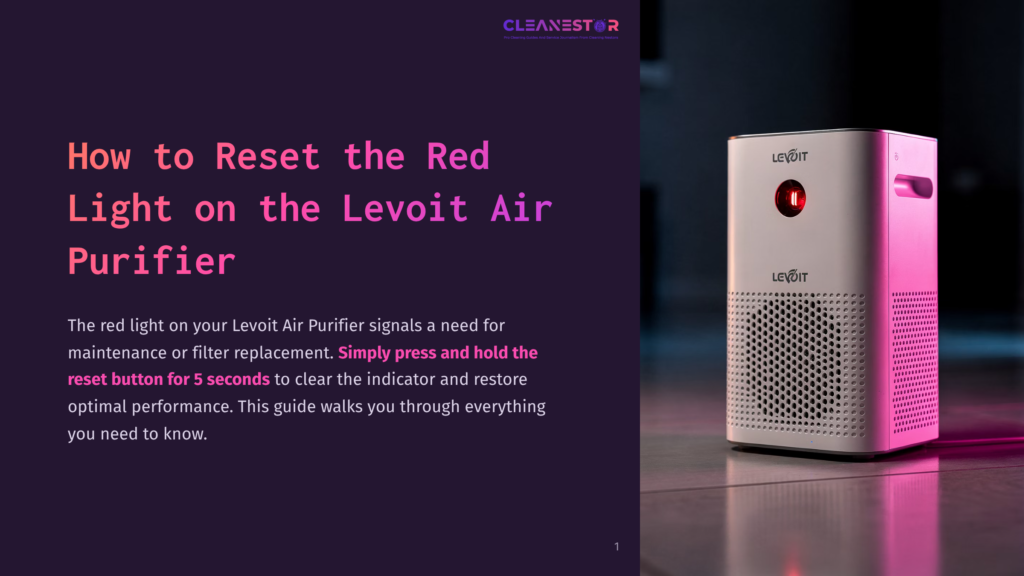 A Levoit Air Purifier With A Red Indicator Light, Positioned On A Surface With A Dark Background, Highlighting Its Sleek Design.