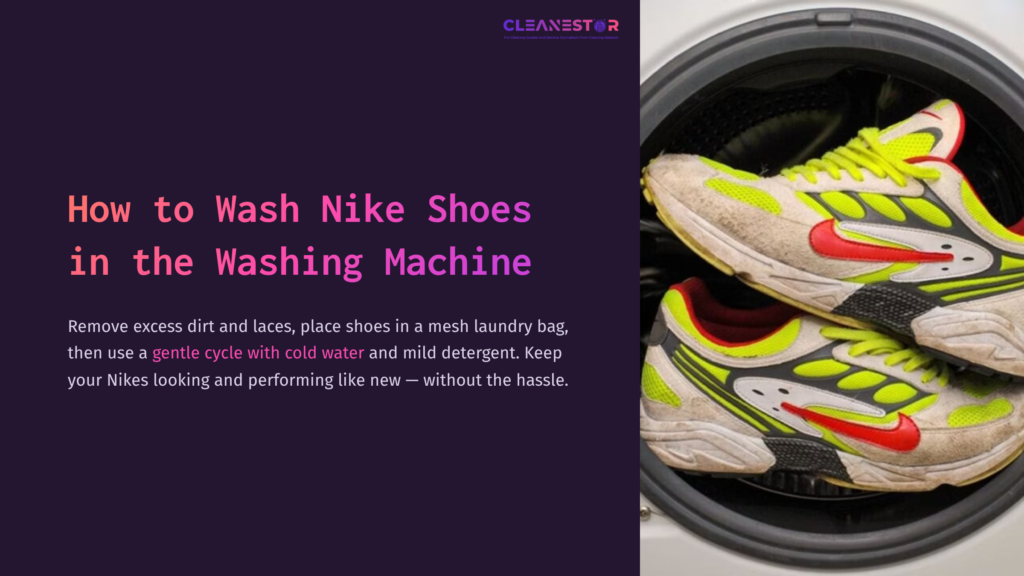 A Close-Up Of Colorful Nike Shoes Placed Inside A Gray Washing Machine Drum, Showcasing Vibrant Yellow And Red Accents On The Sneakers.