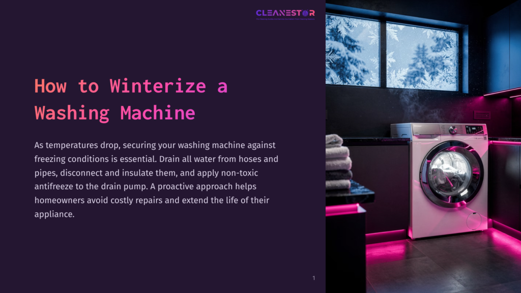 A Modern Washing Machine In A Dimly Lit Laundry Room, Surrounded By Towels, With A Snowy Window View And Pink Ambient Lighting.