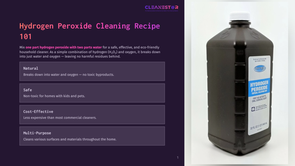 A Dark Bottle Of Hydrogen Peroxide Cleaning Solution With A White Cap Sits To The Right Of A Graphic Detailing A Hydrogen Peroxide Cleaning Recipe. The Graphic Has A Dark Purple Background And Lists The Benefits Of The Natural, Safe, Cost-Effective, And Multi-Purpose Cleaner.