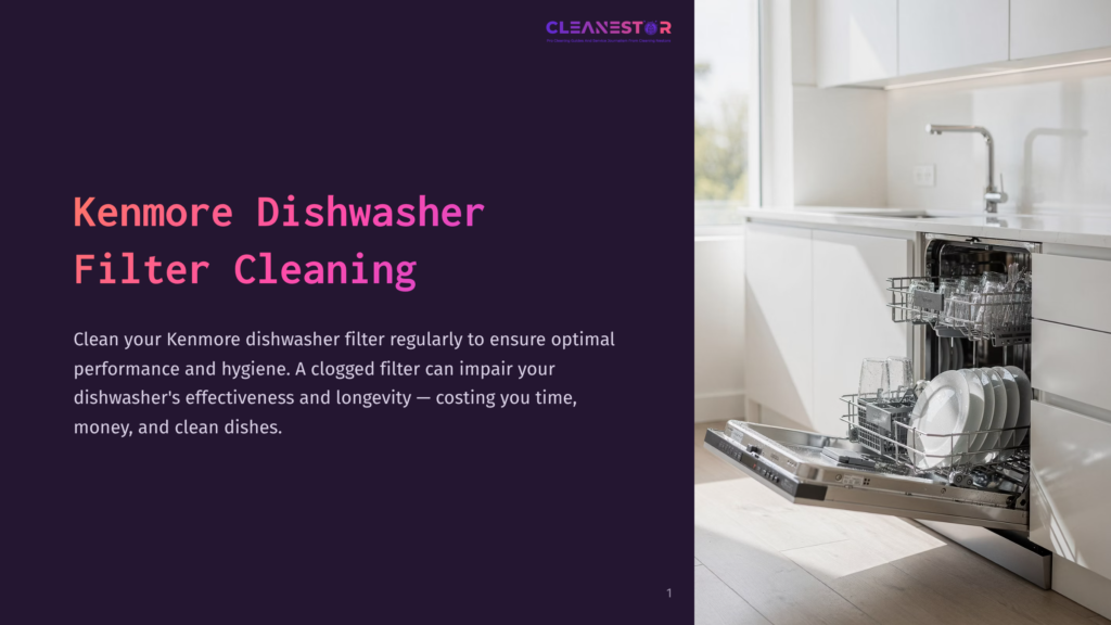 Kenmore Dishwasher Filter Cleaning Guide With An Open Dishwasher Filled With Clean Dishes In A Modern Kitchen.