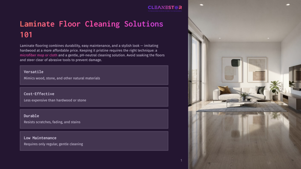 1 Laminate Floor Cleaning Solutions 101 Cleanestor Logo Above Text About Laminate Floor Cleaning Solutions, With An Image Of A Modern Living Room With Polished Wood Floors And A Sofa.
