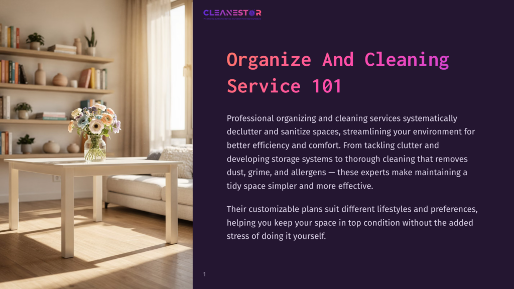 Cleanestor Logo With Text &Quot;Organize And Cleaning Service 101&Quot; Over A Dark Purple Background. A Bright, Airy Living Room With A White Table And Chairs And A Bookshelf Is Visible On The Left.