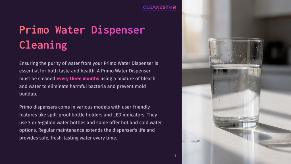 Primo Water Dispenser Cleaning: A Glass Of Clear Water With Condensation Sits On A White Countertop Next To A Dark Purple Background With Text About Cleaning The Dispenser.