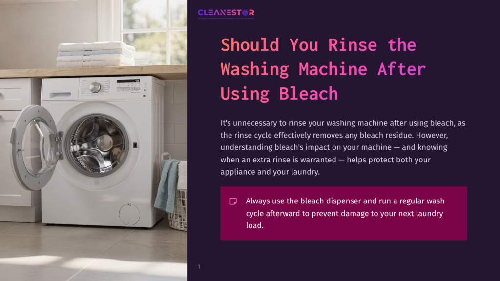 A Modern Laundry Room With A White Washing Machine With Its Door Open, Revealing A Clean Drum. A Stack Of Neatly Folded White Towels Sits On Top Of The Machine, And A Blue Laundry Basket With A Towel Is Next To It. The Text &Quot;Cleanestor&Quot; Is Visible In The Top Right Corner.
