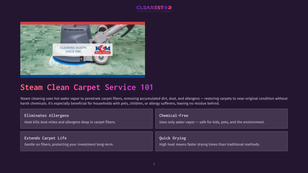 1 Steam Clean Carpet Service 101 Professional Steam Cleaning Machine With A Logo For &Quot;Cleaning Austin Since 1996&Quot; And &Quot;Kom Steam Cleaning&Quot; On A Green Carpet.