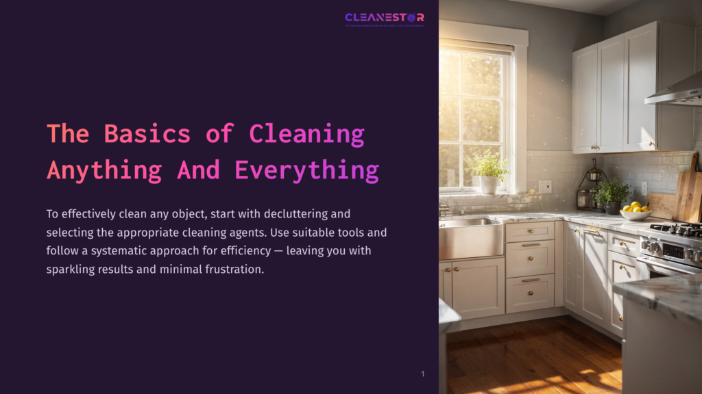 Cleanestor Logo And Text &Quot;The Basics Of Cleaning Anything And Everything&Quot; On A Dark Purple Background. A Bright, Sunlit Kitchen With White Cabinets, Stainless Steel Appliances, And A Large Window Is On The Right.
