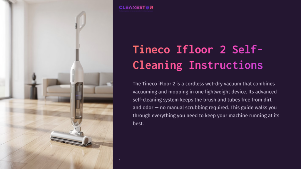 Tineco Ifloor 2 Cordless Wet-Dry Vacuum Cleaner Standing Upright On A Light Wooden Floor In A Modern Living Room. The Vacuum Is White And Grey With A Blue Illuminated Control Panel. The Background Shows A Blurred Sofa And A Side Table.