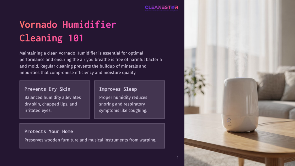 1 Vornado Humidifier Cleaning 101 A White Vornado Humidifier Sits On A Wooden Table In A Bright, Modern Living Room, With A Sofa And Window In The Background. The Humidifier Has A Sleek, Minimalist Design.