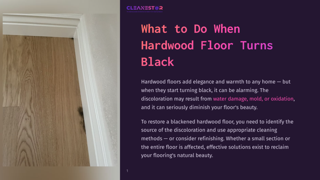 A Close-Up Of A Light Brown Hardwood Floor With A Dark Discoloration And White Baseboard. The Text &Quot;Cleanestor&Quot; Is Visible In The Top Left Corner.