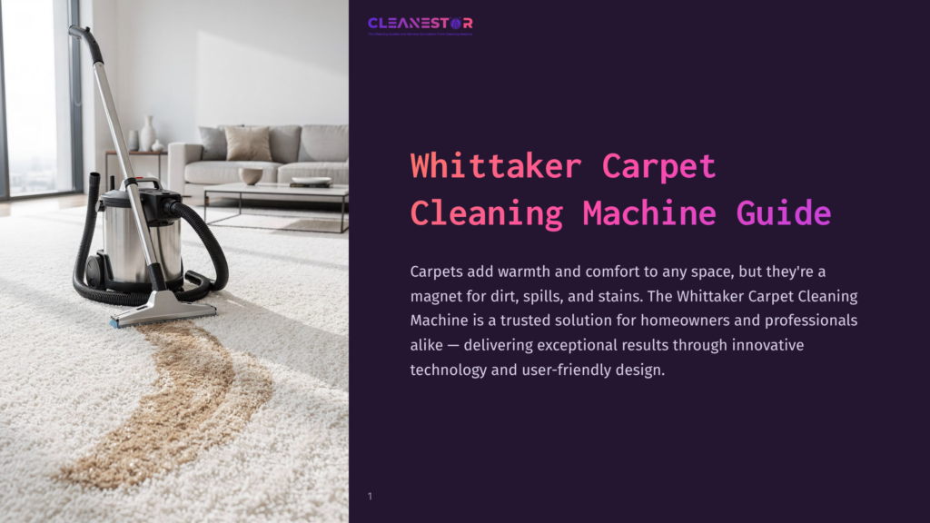 Whittaker Carpet Cleaning Machine Guide Title Page With A High-Angle View Of A Modern Carpet Cleaner On A Plush White Carpet With A Dirt Stain.