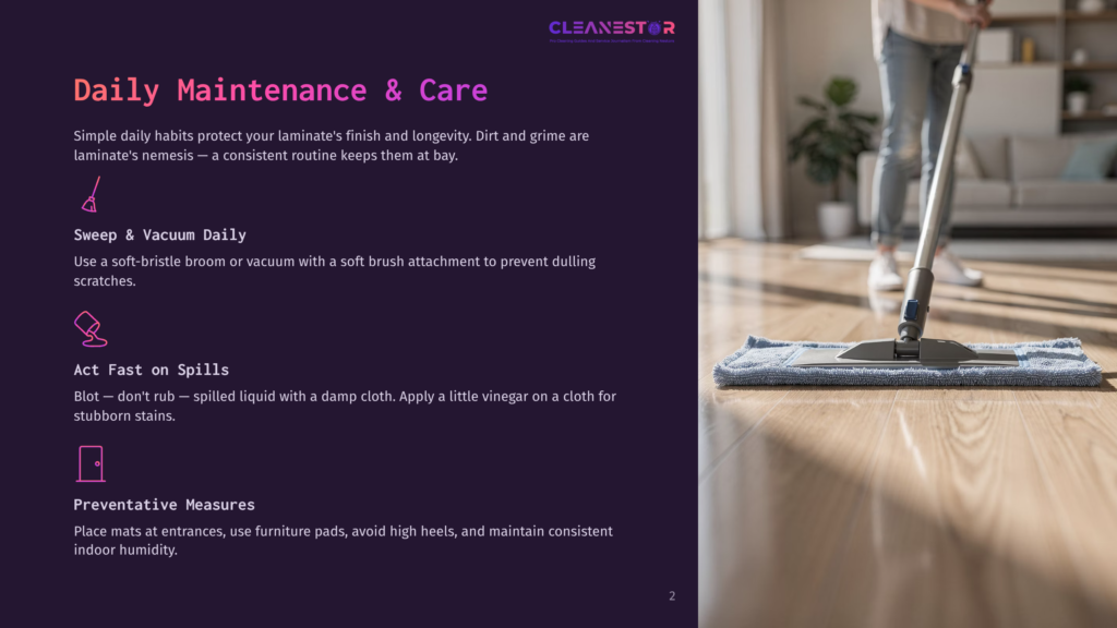 2 Daily Maintenance And Care A Person Mops A Shiny Laminate Wood Floor With A Blue Mop Pad, Reflecting The Bright Room And A Sofa In The Background. Text Overlay: &Quot;Cleanestor Daily Maintenance &Amp; Care.