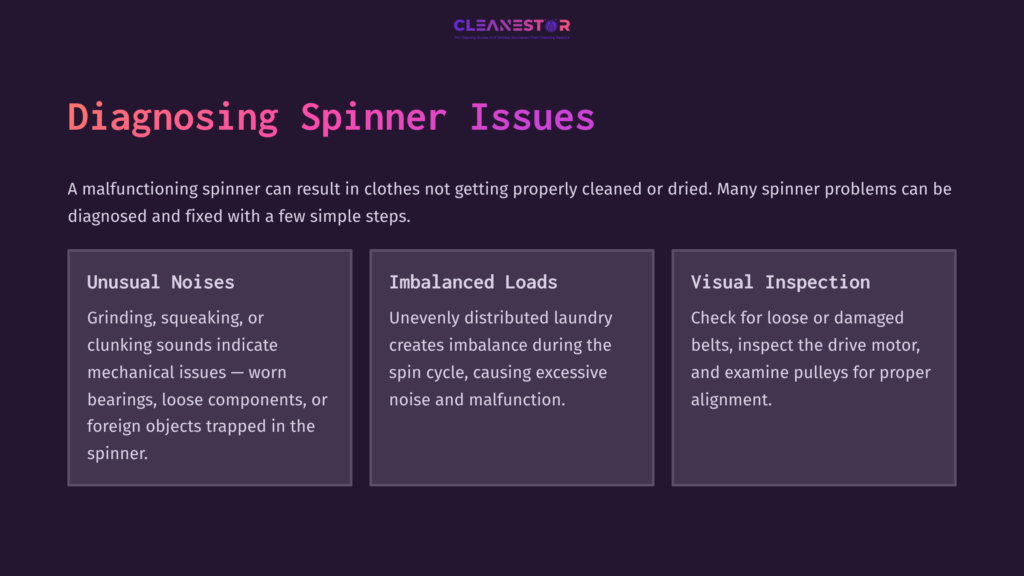 Three Sections In Purple Boxes Outline Diagnosing Spinner Issues: Unusual Noises, Imbalanced Loads, And Visual Inspections, With Brief Descriptions.
