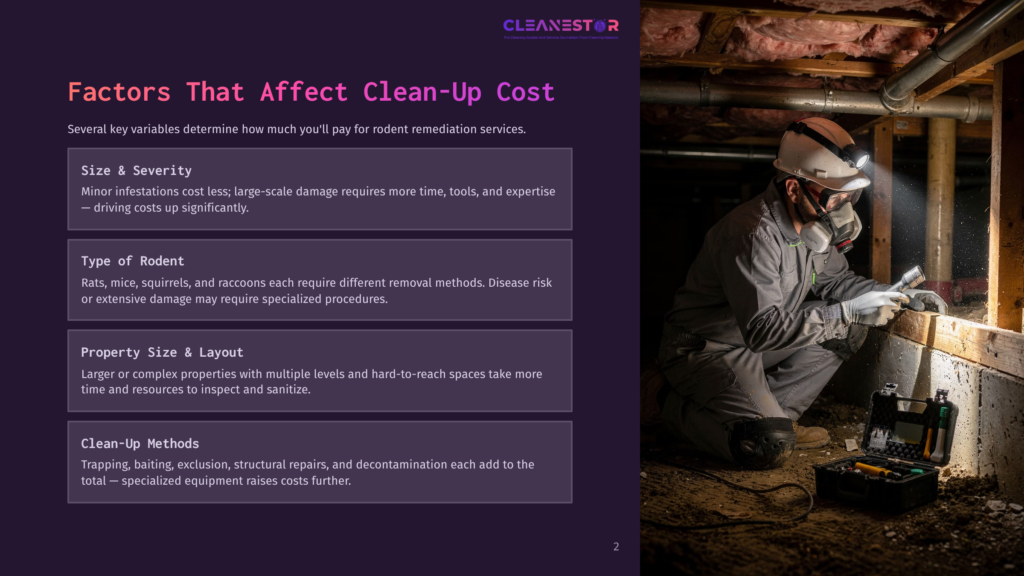A Pest Control Technician In Protective Gear Uses A Flashlight To Inspect A Dark, Dusty Crawl Space With Exposed Wooden Beams, Pipes, And Insulation. The Cleanestor Logo Is Visible In The Top Right Corner.