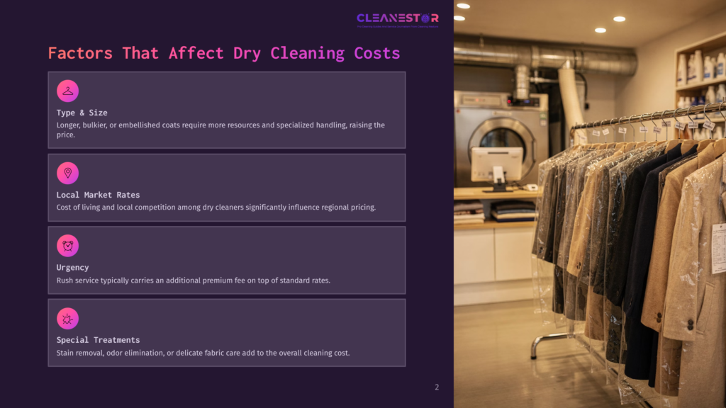 Dry Cleaning Price Factors: Type &Amp; Size, Local Market Rates, Urgency, And Special Treatments. A Modern Laundry Facility With Hanging Garments In The Background.