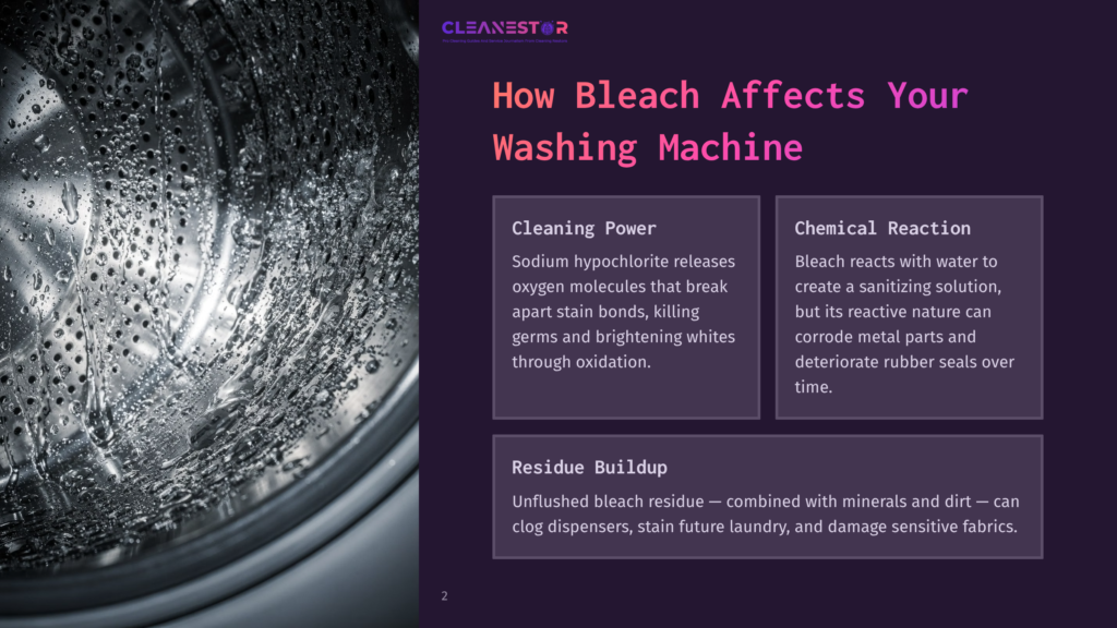 Close-Up Of A Washing Machine Drum Filled With Water Droplets, With The Text &Quot;How Bleach Affects Your Washing Machine&Quot; And Details On Cleaning Power, Chemical Reaction, And Residue Buildup From Cleanestor.