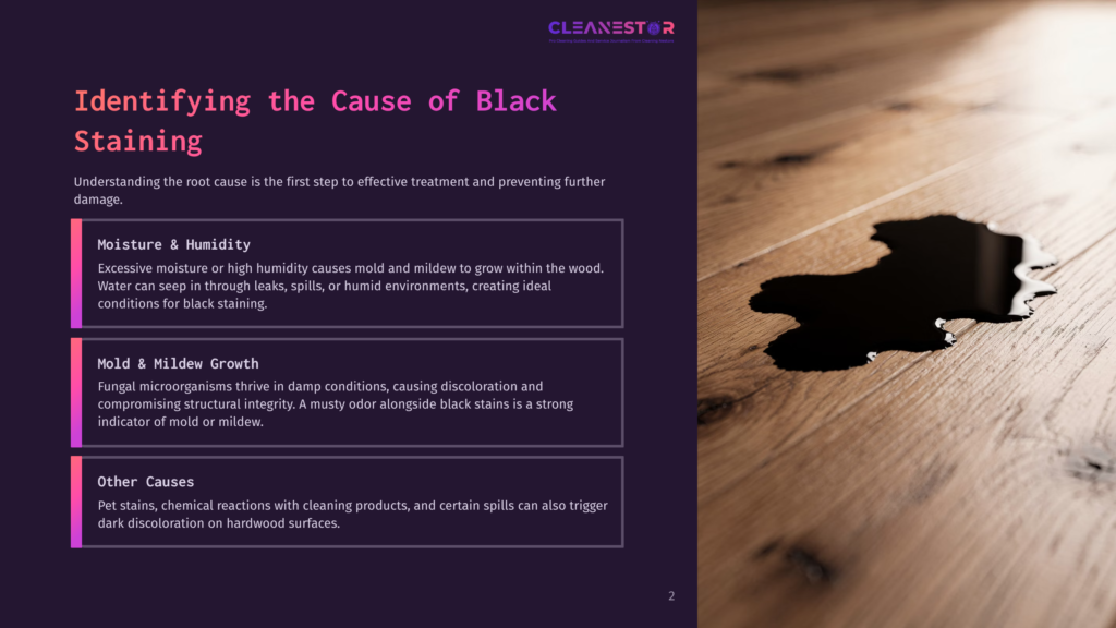 A Dark Liquid Spill On A Light Brown Wooden Floor, With Text About Identifying The Cause Of Black Staining And Mold &Amp; Mildew Growth.