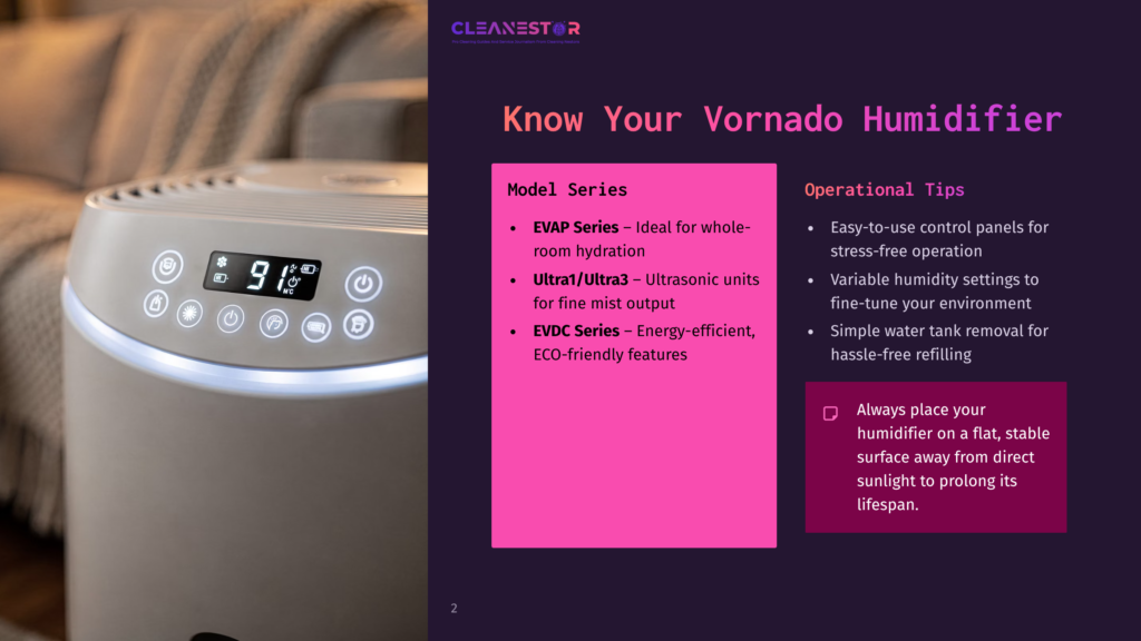 2 Know Your Vornado Humidifier Close-Up Of A White Vornado Humidifier With A Digital Display Showing 91°F And 40% Humidity, With Soft Interior Lighting. The Vornado Humidifier Is Ideal For Whole-Room Hydration.