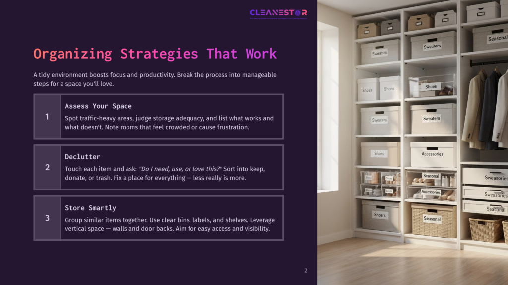 Cleanestor Organizing Strategies: Assess Your Space, Declutter, And Store Smartly. White Shelves Hold Bins Labeled &Quot;Sweaters,&Quot; &Quot;Shoes,&Quot; And &Quot;Seasonal&Quot; In A Tidy Closet.