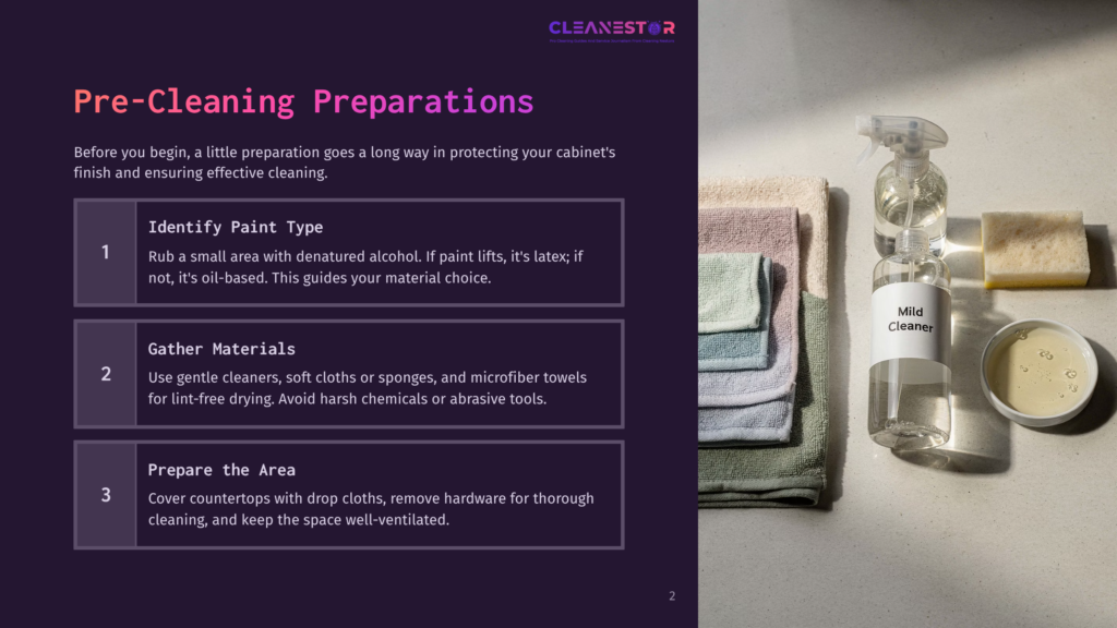 A Cleaning Supplies Scene With A Spray Bottle Of &Quot;Mild Cleaner,&Quot; Folded Microfiber Cloths, And A Sponge On A Countertop, Next To A Graphic Listing Cleaning Preparation Steps: Identify Paint Type, Gather Materials, And Prepare The Area.