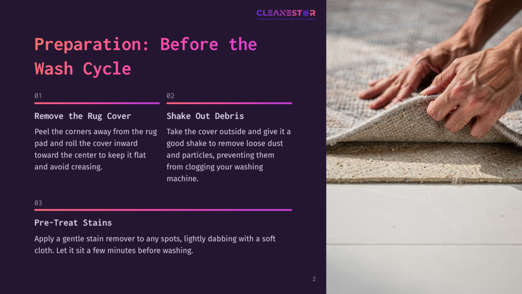 Hands Shake A Rug Cover To Remove Loose Debris Before Washing, With Text Overlay Detailing &Quot;Preparation: Before The Wash Cycle&Quot; And Steps Like &Quot;Remove The Rug Cover&Quot; And &Quot;Shake Out Debris&Quot;.