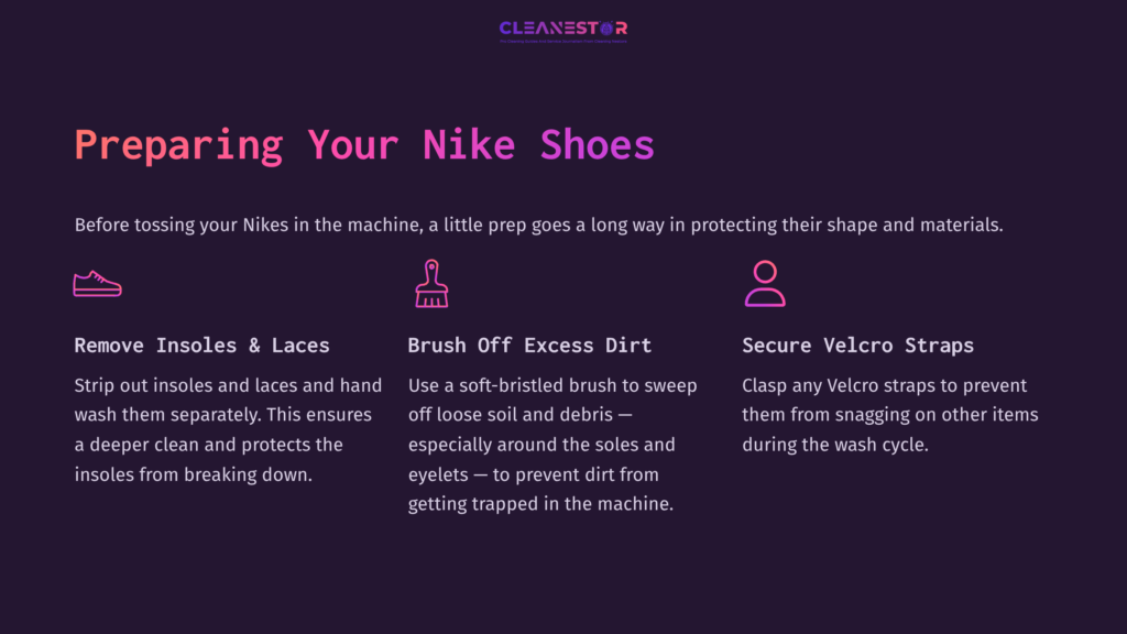Text On A Dark Purple Background Outlines Steps For Preparing Nike Shoes For Machine Washing, Including Removing Insoles, Brushing Dirt, And Securing Velcro.