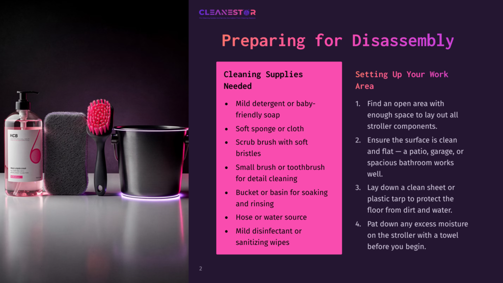 Cleaning Supplies For Stroller Disassembly, Including Brushes, Soap, A Bucket, And Sanitizing Wipes, Arranged On A Dark Surface With Purple Lighting.