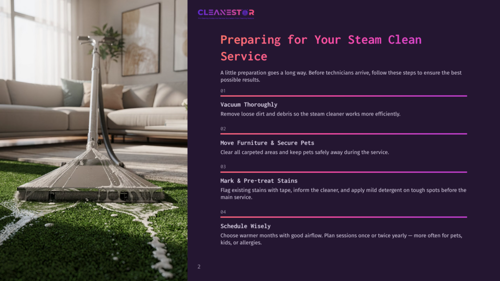 2 Preparing For Your Steam Clean Service A Professional Steam Cleaner Sprays Foam Onto A Carpet, With A Plush Sofa And A Large Window In The Background. The Text &Quot;Cleanestor&Quot; And &Quot;Preparing For Your Steam Clean Service&Quot; Is Visible.