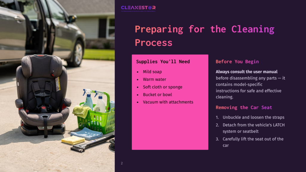2 Preparing For The Cleaning Process A Car Seat, Cleaning Supplies In A Green Basket, And Car Cleaning Tools Are Laid Out On A Driveway Next To An Open Car Door, Ready For The Cleaning Process.