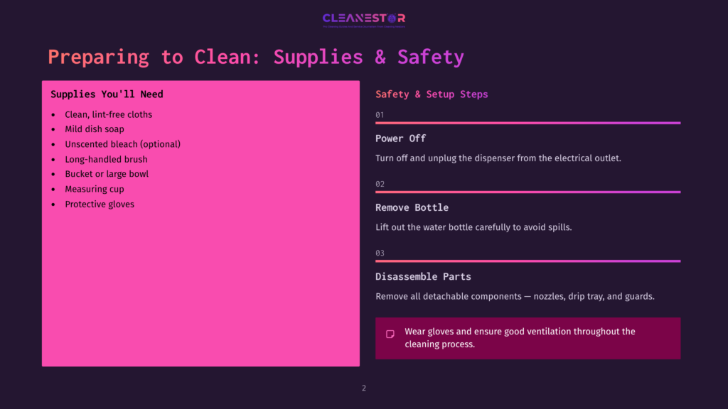 A Dark Purple Slide Titled &Quot;Preparing To Clean: Supplies &Amp; Safety&Quot; Lists Cleaning Supplies Like Lint-Free Cloths, Mild Dish Soap, And Unscented Bleach, Along With Safety Steps Including Power Off And Bottle Removal.
