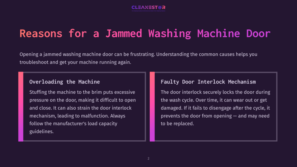 Graphic Featuring A Purple And Pink Color Scheme, With Text Listing Reasons For A Jammed Washing Machine Door And Preventive Tips.