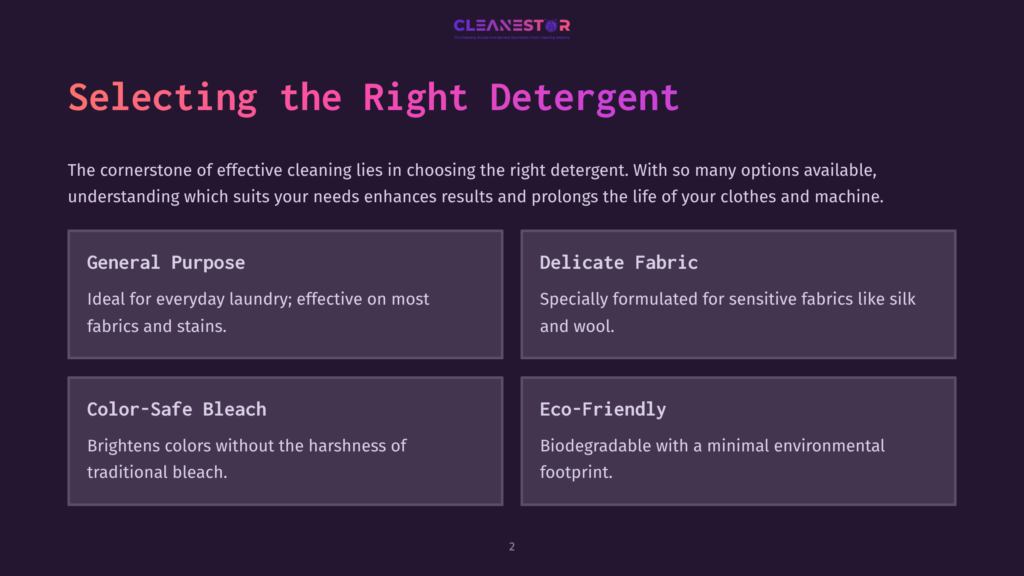 Text Slide Featuring Categories For Detergent Types: General Purpose, Delicate Fabric, Color-Safe Bleach, Eco-Friendly, On A Dark Background.