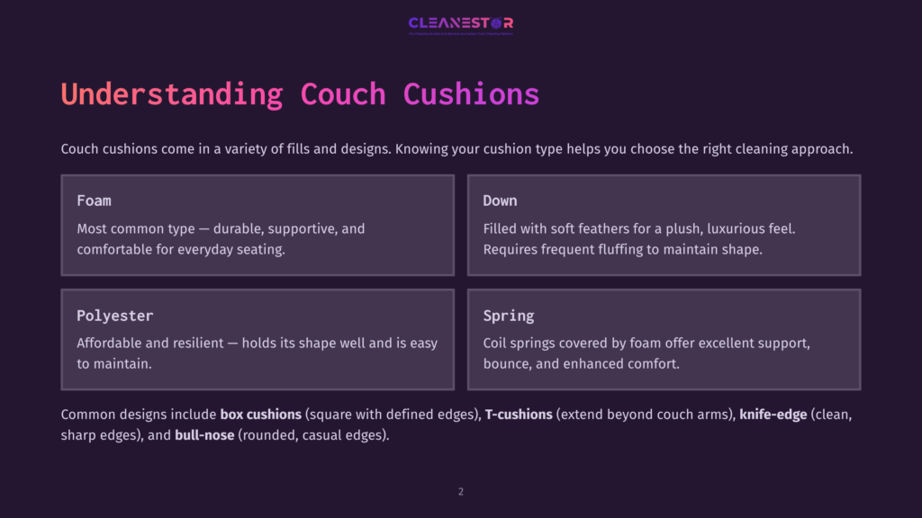 Understanding Couch Cushions: Foam, Down, Polyester, And Spring Fill Types, And Box, T-Cushions, And Bull-Nose Designs.