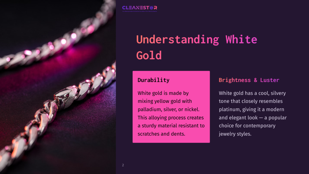 Close-Up Of A White Gold Chain With A Silver And Pink Background, Highlighting Its Durability And Elegant Appearance.