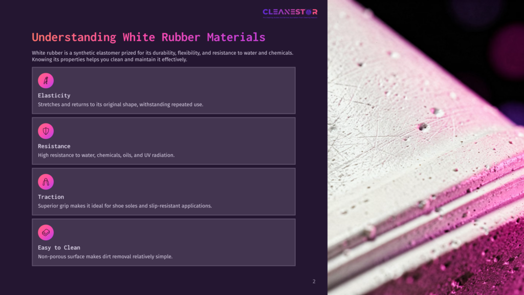 Close-Up Of Textured White Rubber Showing Dirt And Wear, Alongside Purple Box Highlighting Key Properties: Elasticity, Resistance, Traction, And Easy Cleaning.