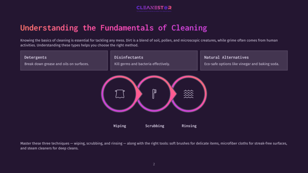 Infographic Titled &Quot;Understanding The Fundamentals Of Cleaning&Quot; With Sections On Detergents, Disinfectants, And Natural Alternatives, And Visual Representations Of Wiping, Scrubbing, And Rinsing Techniques.