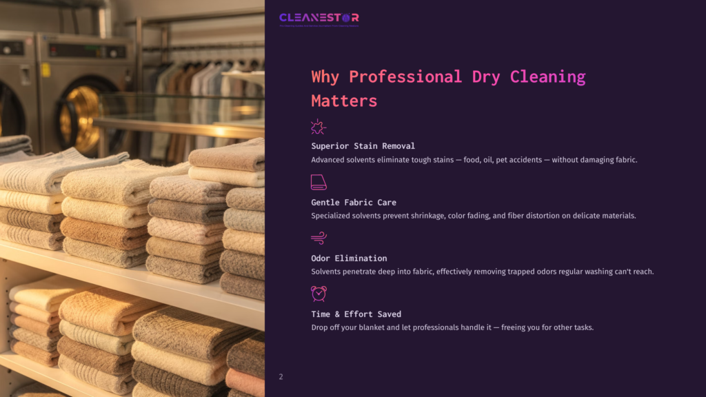 Cleanestor Logo And Text Highlighting Professional Dry Cleaning Benefits: Superior Stain Removal, Gentle Fabric Care, Odor Elimination, And Time Savings.