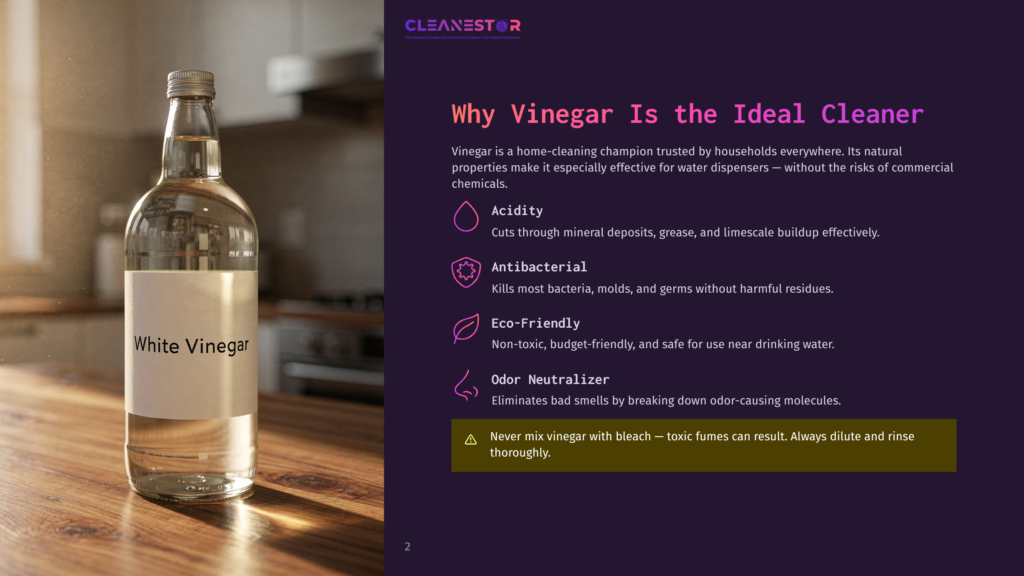 A Clear Glass Bottle Of White Vinegar Sits On A Wooden Table, With A Soft, Blurred Background. The Label On The Bottle Reads &Quot;White Vinegar&Quot;.