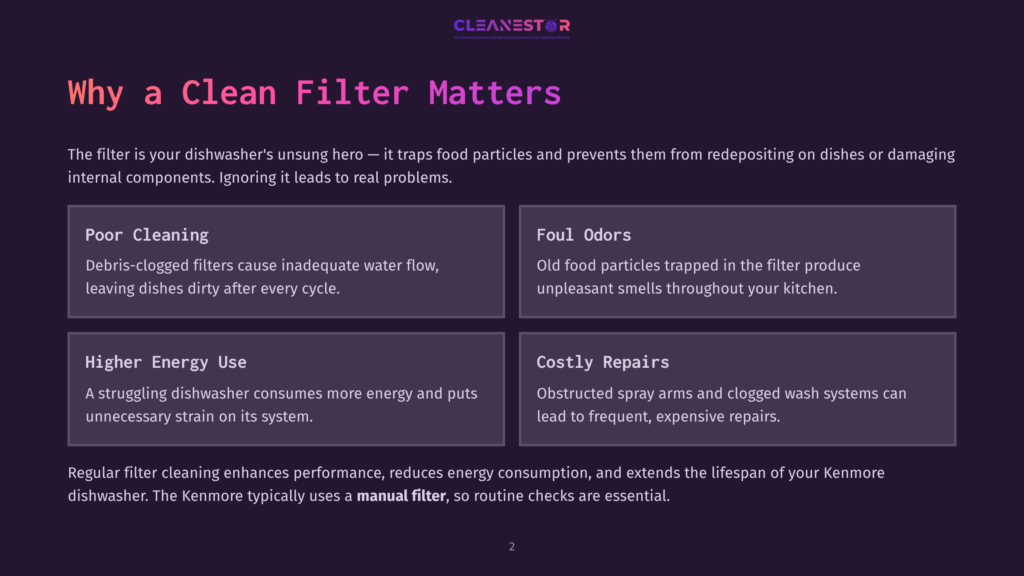 Infographic Detailing Why A Clean Dishwasher Filter Matters, Highlighting Poor Cleaning, Foul Odors, Higher Energy Use, And Costly Repairs. Text Reads &Quot;Why A Clean Filter Matters&Quot; And Lists Benefits Of Regular Filter Cleaning.