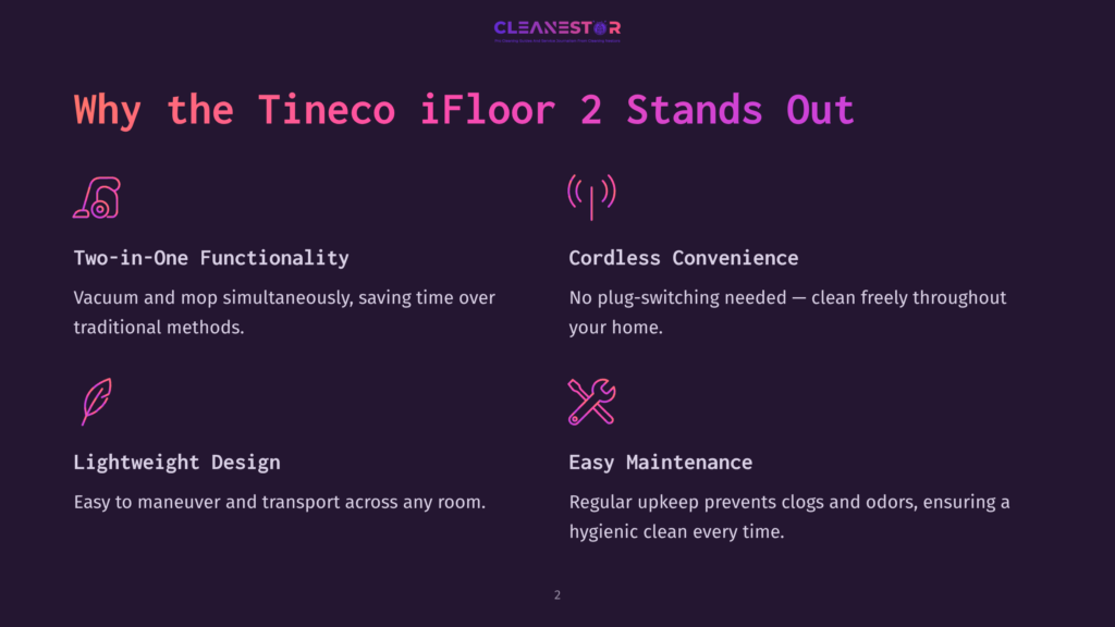 Cleanestor Tineco Ifloor 2 Features: Two-In-One Functionality, Lightweight Design, Cordless Convenience, And Easy Maintenance. The Graphic Uses Pink Icons And Text On A Dark Purple Background.