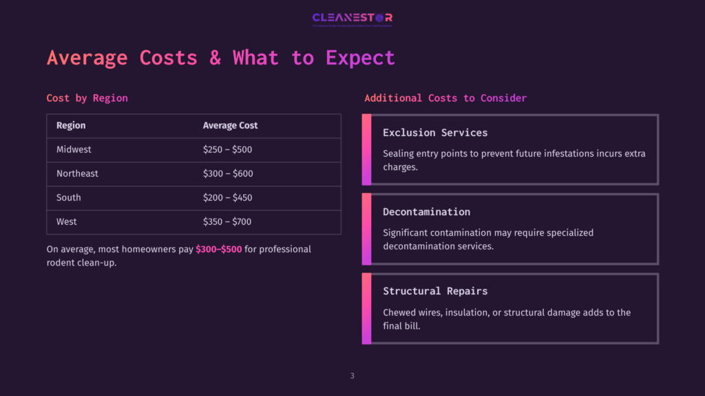 Infographic Showing Average Rodent Clean-Up Costs By Region In The Us: Midwest $250-$500, Northeast $300-$600, South $200-$450, West $350-$700. Additional Costs For Exclusion Services, Decontamination, And Structural Repairs Are Also Listed.