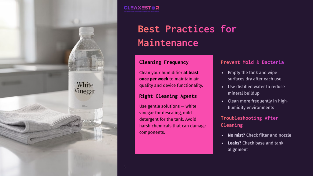 3 Best Practices For Maintenance A Bottle Of White Vinegar Sits On A Countertop Next To A Folded Gray Towel, With A Pink Infographic On Best Practices For Humidifier Maintenance In The Background.