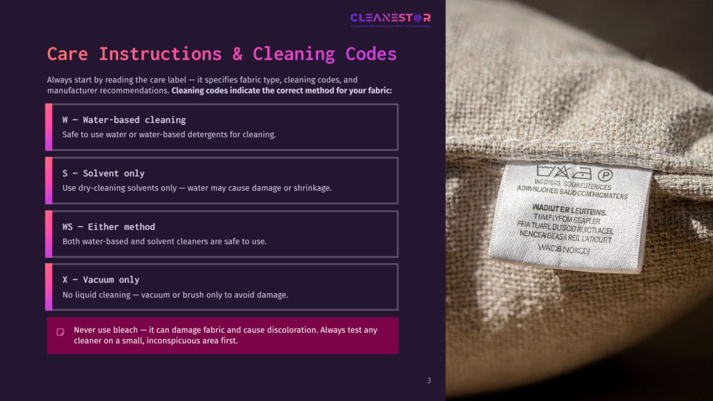 Close-Up Of A Fabric Care Label Showing Cleaning Instructions: W-Water-Based Cleaning, S-Solvent Only, Ws-Either Method, X-Vacuum Only. The Label Also Includes Symbols For Washing, Bleaching, Ironing, And Dry Cleaning.