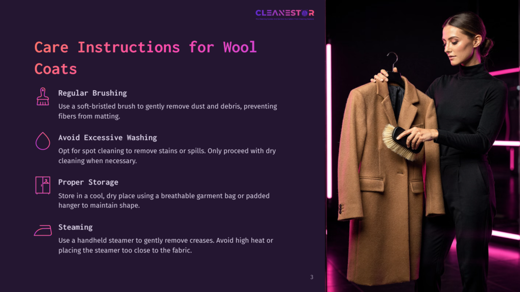 A Person Holds A Tan Wool Coat On A Hanger Against A Dark Purple Background, With Care Instructions Displayed Alongside.