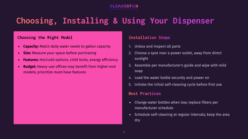 A Presentation Slide Titled &Quot;Choosing, Installing &Amp; Using Your Dispenser&Quot; With Two Columns: &Quot;Choosing The Right Model&Quot; And &Quot;Installation Steps.&Quot; The Left Column Lists Capacity, Size, Features, And Budget Considerations. The Right Column Outlines Five Installation Steps And &Quot;Best Practices&Quot; For Dispenser Maintenance.