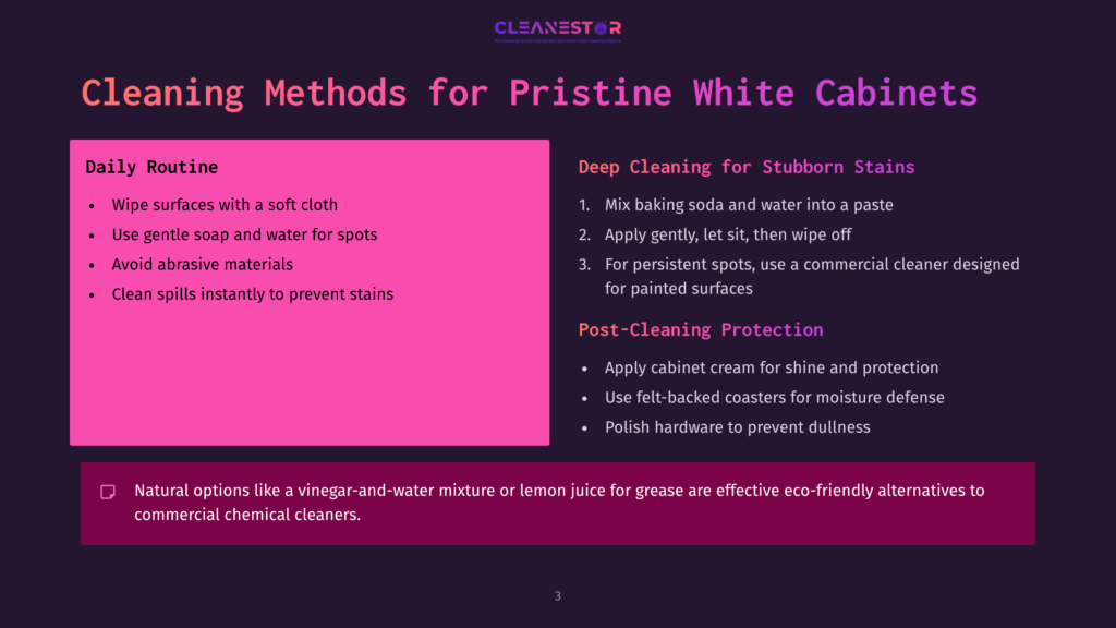 Infographic Detailing Cleaning Methods For Pristine White Cabinets, Including Daily Routine, Deep Cleaning, And Post-Cleaning Protection Tips.