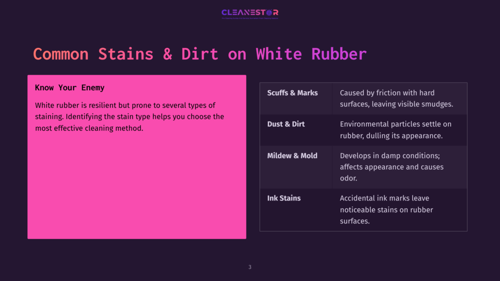 Bright Pink Box With Text On Common Stains And Dirt Types On White Rubber, Featuring Headings For Scuffs, Dust, Mildew, And Ink Stains.