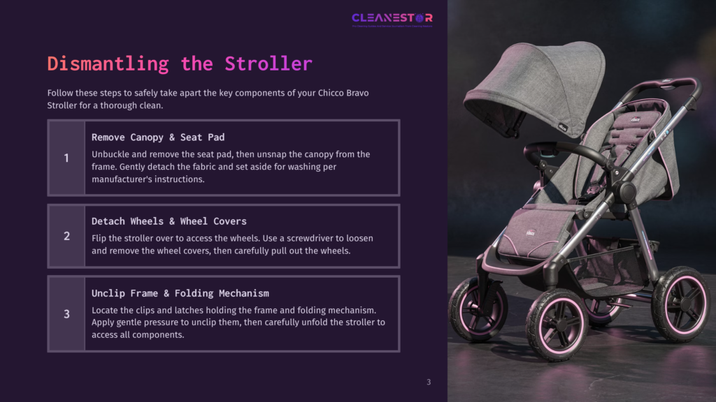 A Gray Chicco Bravo Stroller On A Purple Background, Showing Steps For Disassembly, With Labeled Sections For Seat Pad, Wheels, And Folding Mechanism.