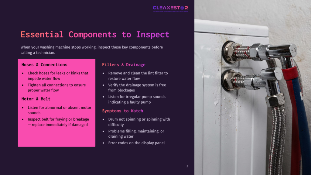 Close-Up Of Two Water Hoses Connected To A Washing Machine, With Water Droplets Visible. Text Overlay Reads &Quot;Essential Components To Inspect&Quot; And Lists Inspection Points For Hoses, Motor, And Filters.